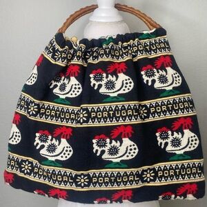 Vintage Rooster Lined Hand Woven Bag Purse Rattan Bamboo Handles From Portugal